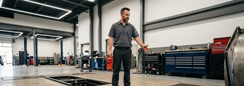 Auto repair shop technician standing near dynamometer equipment in a professional automotive service bay