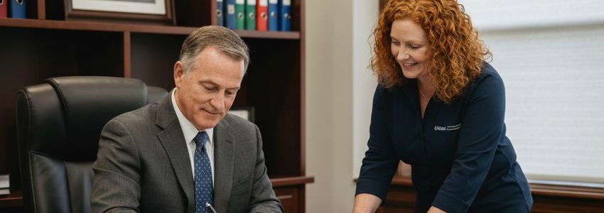 Business owner signing equipment financing documents with a lending specialist