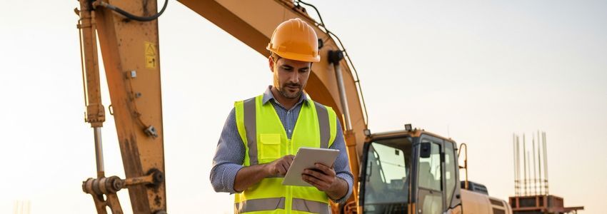 Construction business owner reviewing loan documents next to heavy excavator equipment at a commercial job site