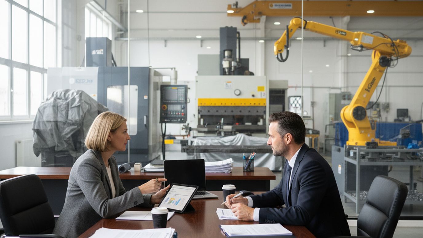 Business professionals reviewing equipment loan documents in an office meeting room with industrial manufacturing equipment visible through the glass walls