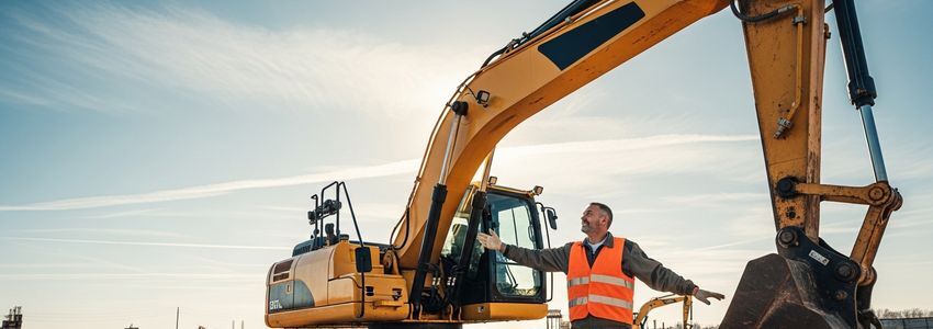 Business owner inspecting new construction equipment financed through equipment financing