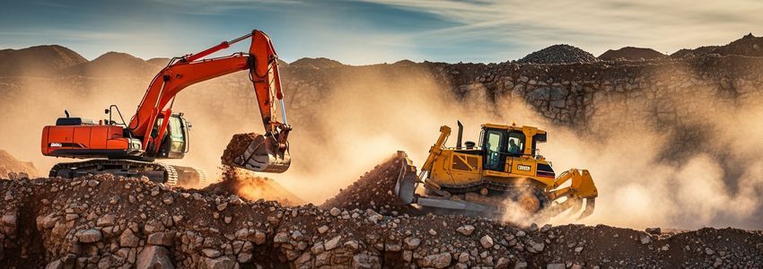 Heavy equipment and machinery at work on a rugged construction and mining site