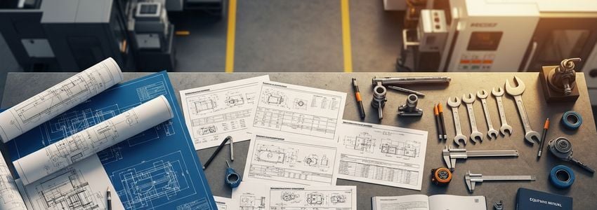 Engineering blueprints and manufacturing equipment specifications on a workbench for equipment financing planning