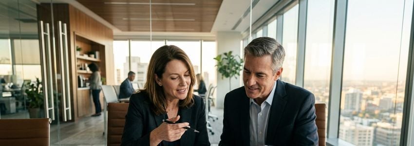 Two business partners reviewing a shareholder buyout agreement at a conference table in a modern office
