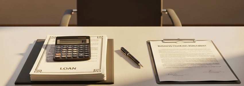 Business loan documents and financing paperwork on a professional office desk for an escape room business