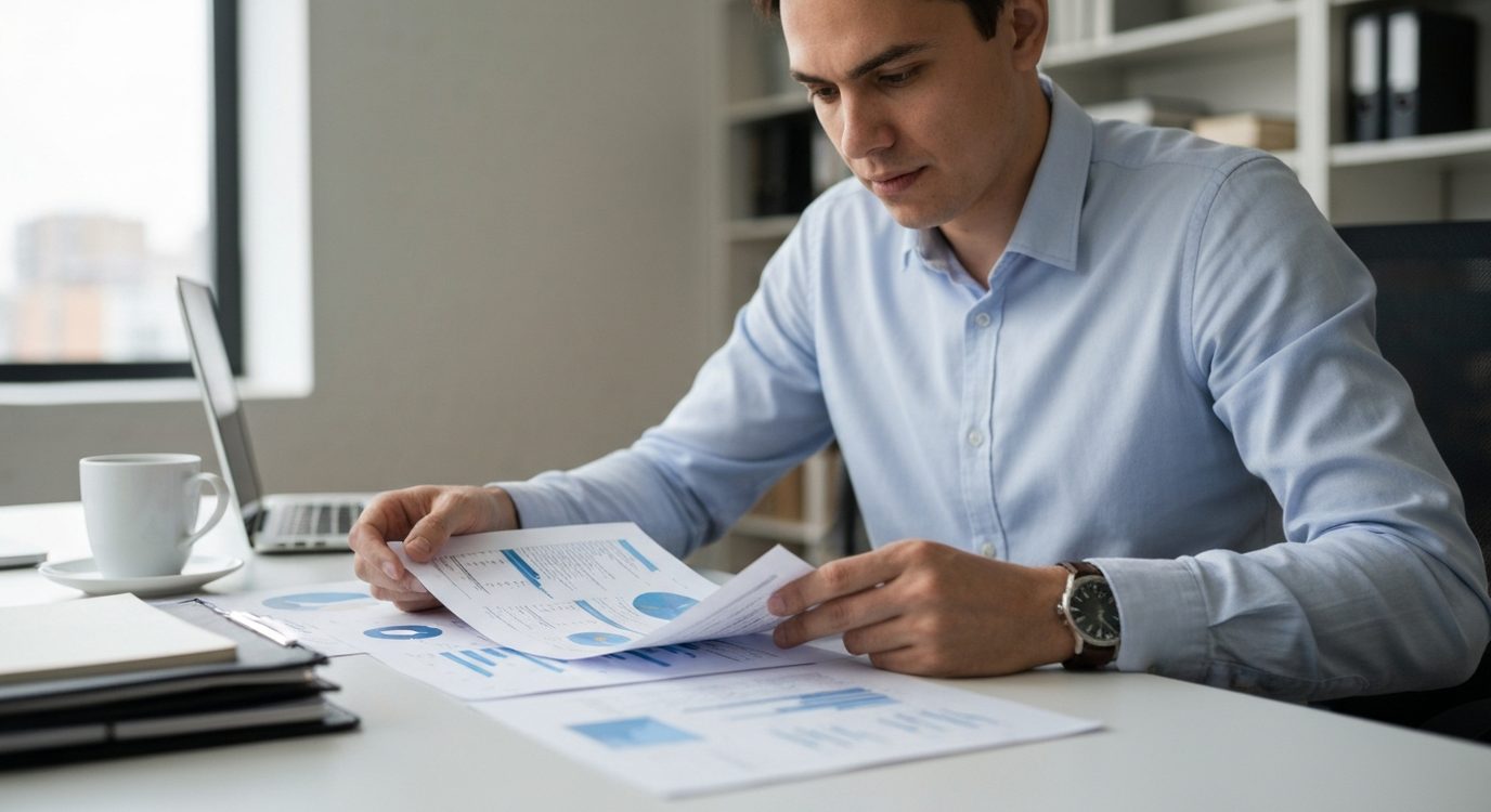 Business owner carefully reviewing and comparing financing documents at a modern office desk