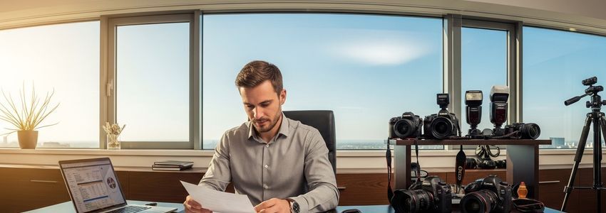Event photographer reviewing business loan documents at a professional photography studio
