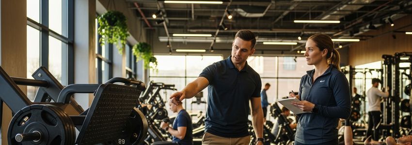Fitness business professionals reviewing commercial exercise equipment financing options in a modern gym