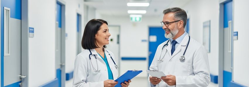 Family medicine physicians discussing practice financing options in a modern clinic hallway