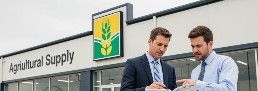 Fertilizer business professionals reviewing financing options at an agricultural supply company