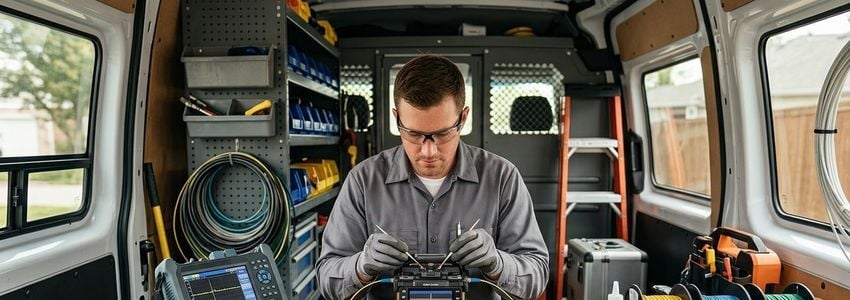 Telecom technician using a fusion splicer to join fiber optic cables in a service van