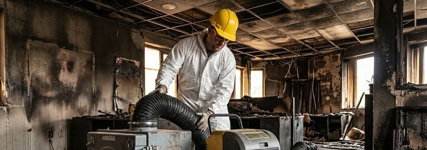 Restoration technician operating an industrial air scrubber and dehumidifier inside a fire-damaged commercial building