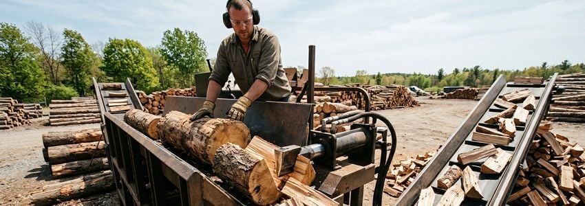 Firewood processor equipment operating at a commercial wood yard