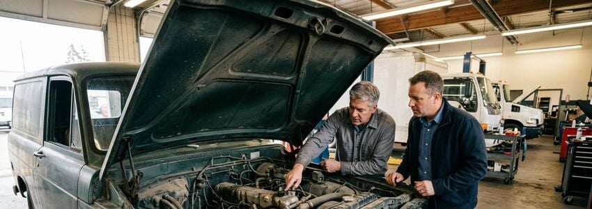 Mechanic and business owner inspecting an aging commercial fleet vehicle's engine bay during a fleet replacement evaluation