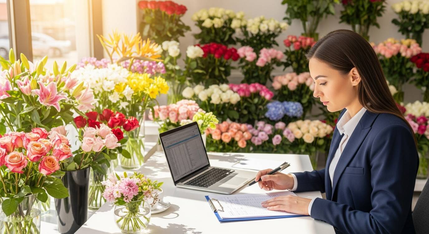 Florist business owner reviewing financing documents and laptop in flower shop