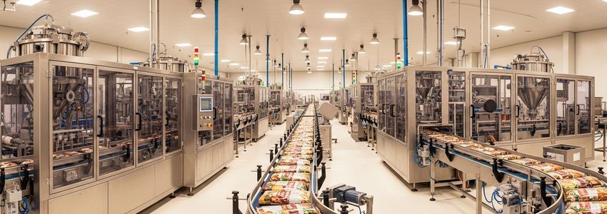 Food and beverage manufacturing production line with conveyor equipment in a modern facility