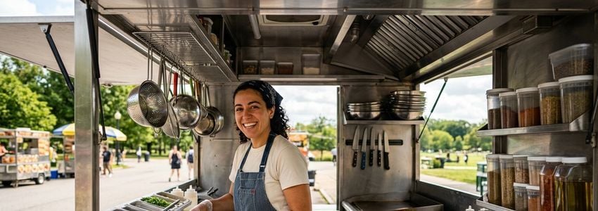 A food cart vendor preparing fresh food at a commercial outdoor cart in daylight