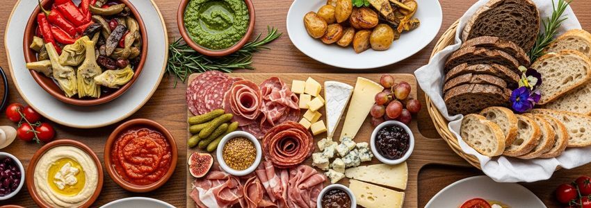 Gourmet food spread at a food tour tasting event showing artisan cheeses, charcuterie, and local specialties