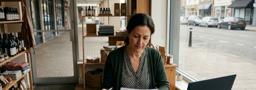 Small business owner reviewing sales reports at a quiet storefront during a slow period