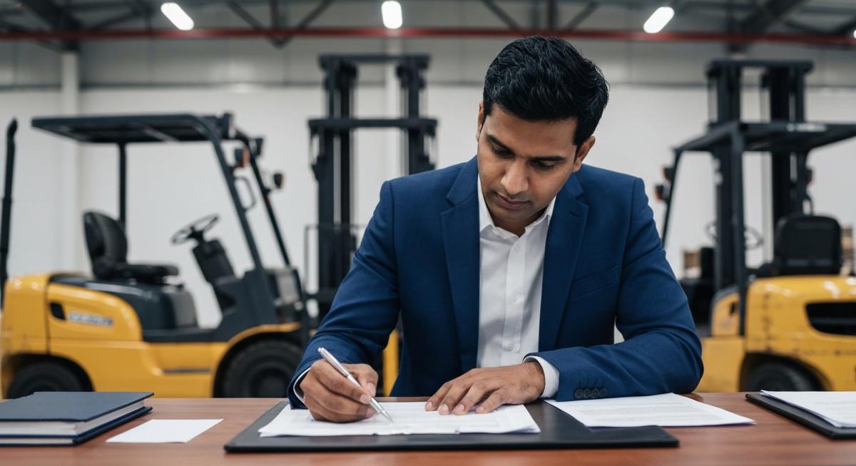 Warehouse business owner reviewing forklift financing loan documents at desk with warehouse equipment visible in background