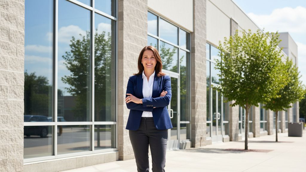 Confident franchise business owner standing in front of a commercial franchise location