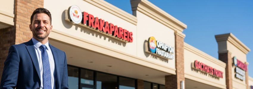 Franchise owner and lender discussing franchise financing options at a professional office