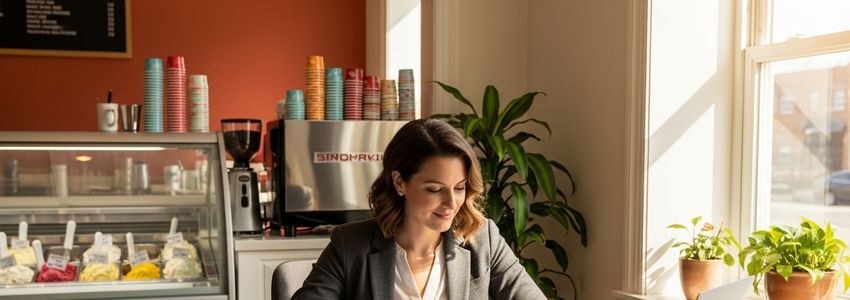 A gelato shop owner reviewing business loan documents at the counter of her artisan gelateria