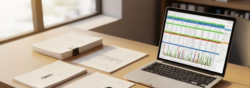 Business owner reviewing cash flow financial statements and spreadsheets for SBA loan application