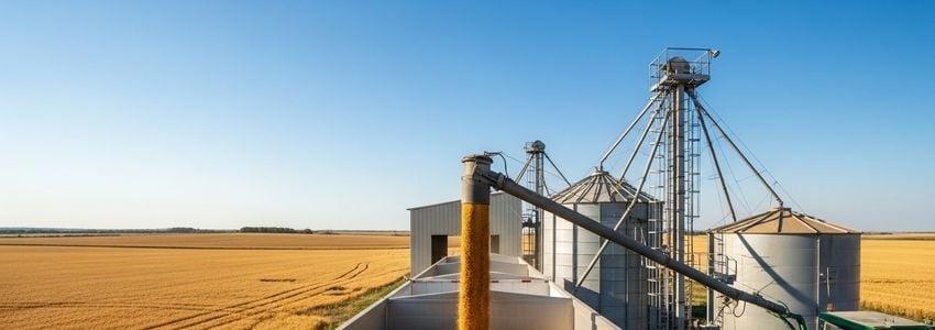 Grain trailer being loaded at a commercial grain elevator facility