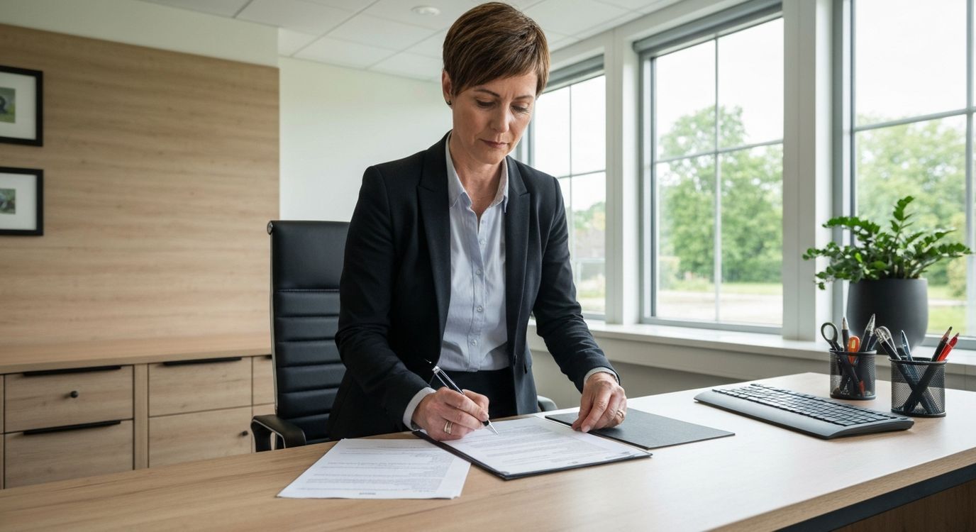 Dentist reviewing business loan documents at an office desk with dental clinic equipment visible in background