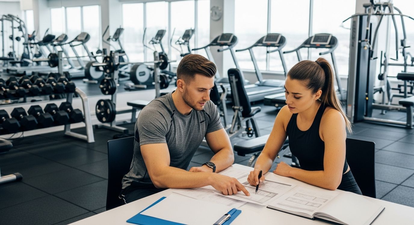 Gym owner and personal trainer reviewing business financing documents inside a modern commercial gym