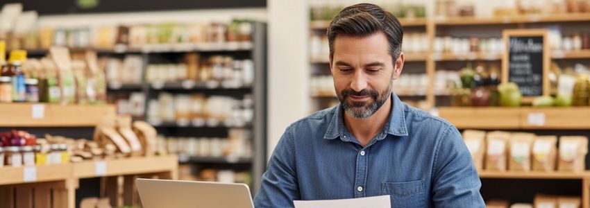 Health food store owner reviewing business financing documents with organic products in background
