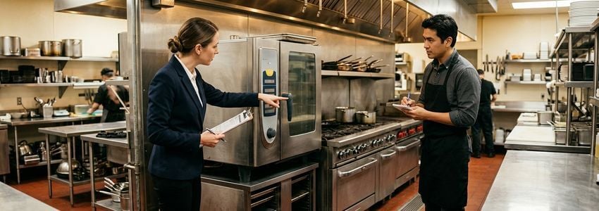 A restaurant owner and contractor reviewing repair estimates in a commercial kitchen after a health inspection