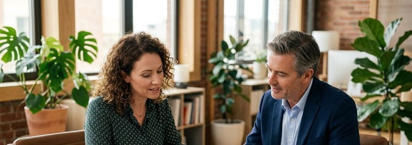 Small business owner and financial advisor discussing rising health insurance premium costs and financing options in an office