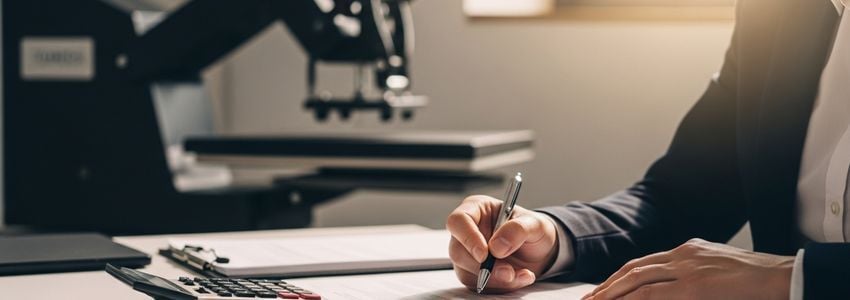 Business owner reviewing heat press equipment financing documents at a print shop desk