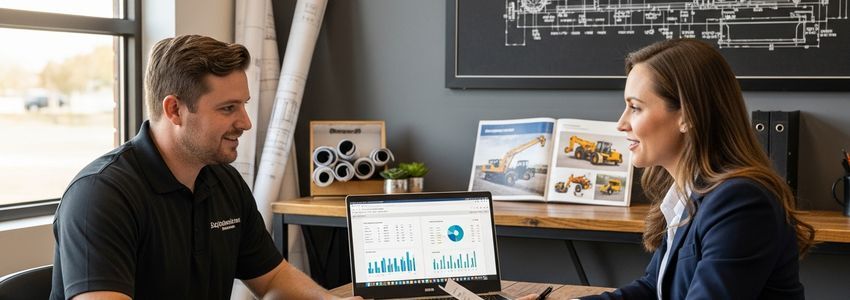 Business owner meeting with financing advisor reviewing heavy equipment loan options