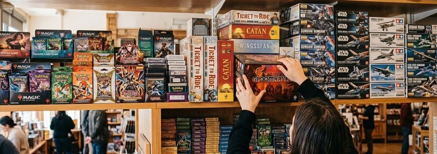 Hobby shop owner reviewing trading card and game inventory boxes in a well-stocked retail store