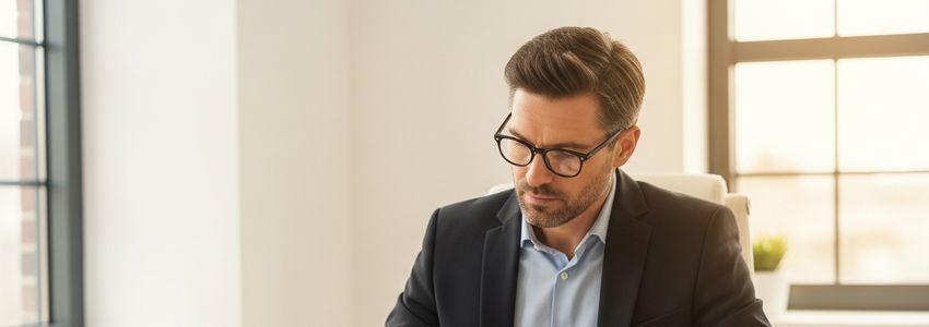Hormone therapy clinic owner reviewing business loan documents at an office desk