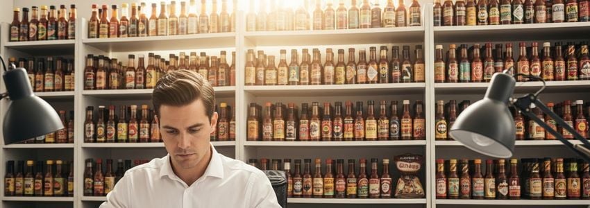 Hot sauce business owner reviewing financing options with product inventory in background