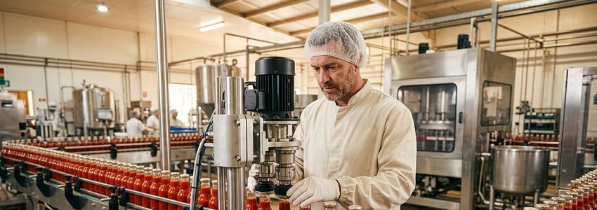 Hot sauce production line worker inspecting bottling and capping equipment in a commercial food manufacturing facility