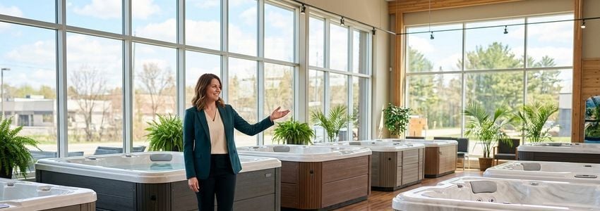 Showroom representative presenting hot tub and spa display units to a customer in a bright retail showroom