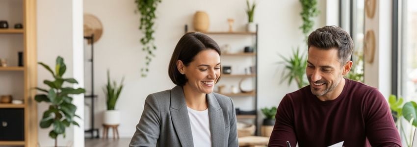 Hot yoga studio owner reviewing business financing options with a financial advisor