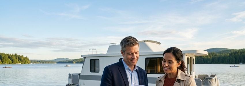 Business owner and finance advisor reviewing houseboat fleet financing documents at a marina dock