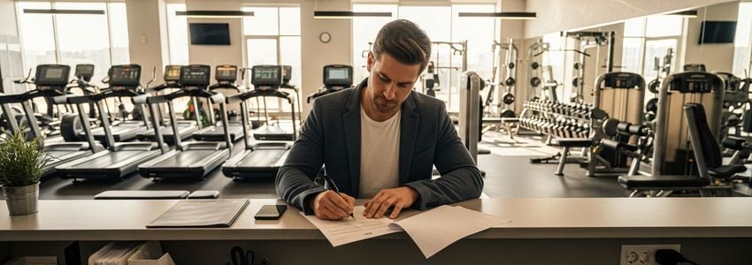 Gym owner reviewing financing options for fitness equipment in a modern commercial gym facility