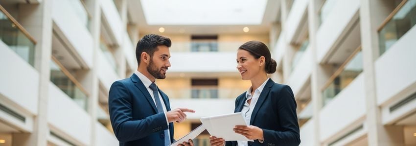 Hotel general manager reviewing financing documents with a business lender in a hotel boardroom
