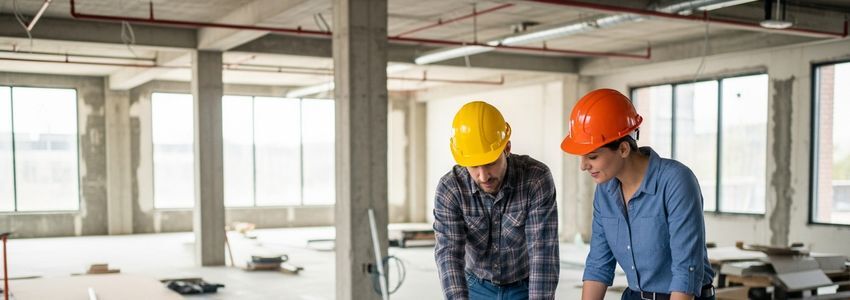 Business owner and contractor reviewing renovation plans