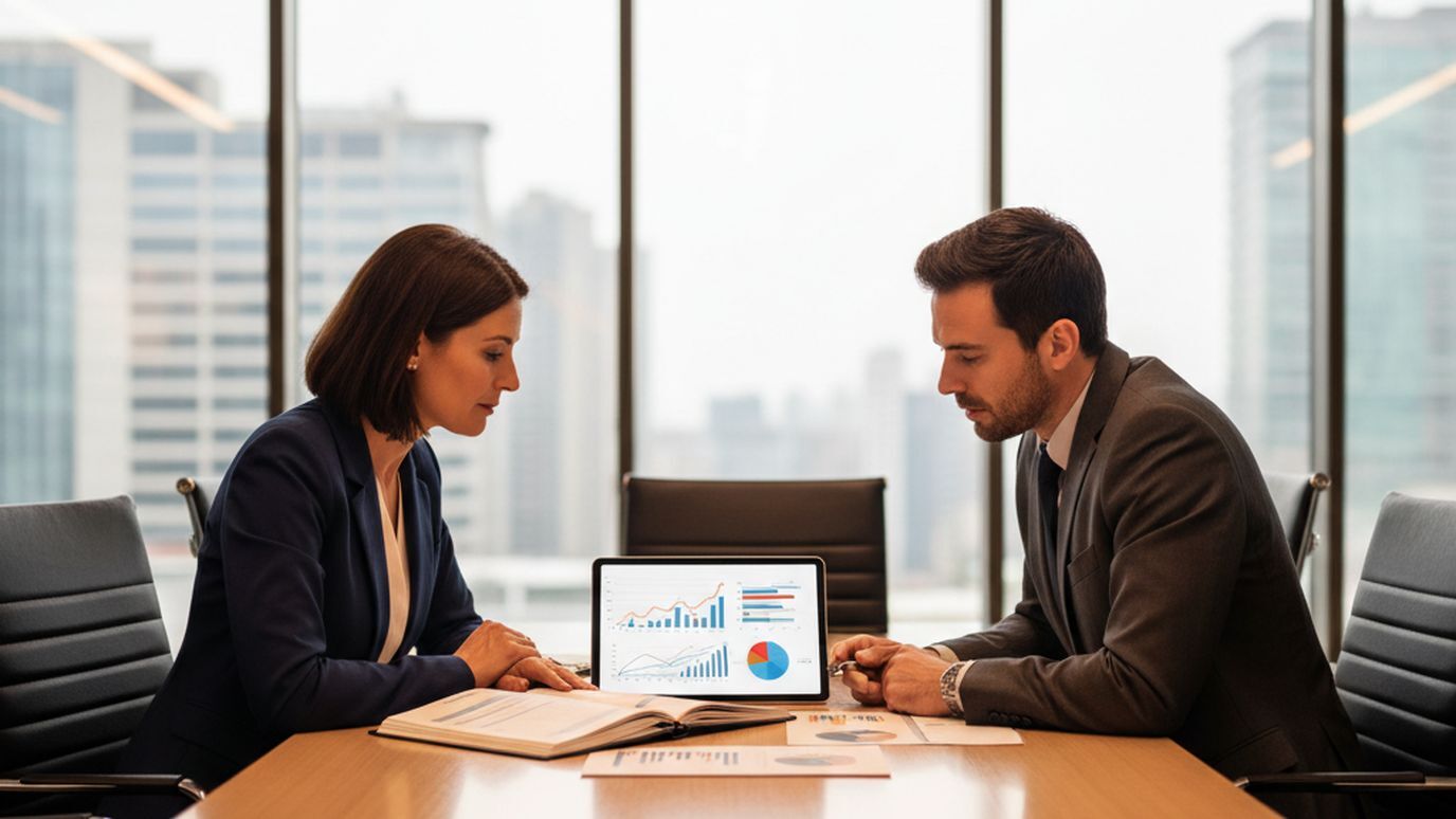 Business owner and financial advisor reviewing loan qualification documents at a modern conference table