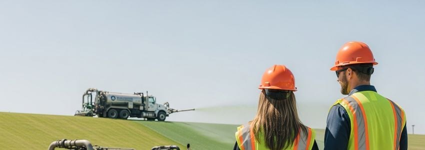 Hydroseeding business contractor and client reviewing plans at a job site with hydroseeder truck in background