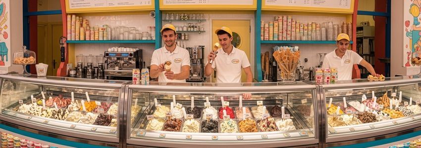 Ice cream shop employees serving customers in a well-equipped ice cream parlor financed with business loans