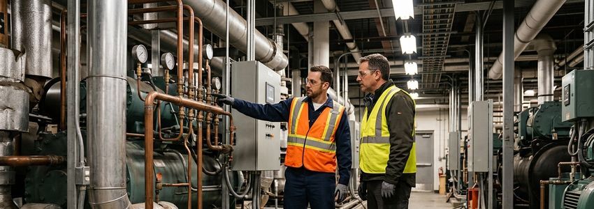 Refrigeration technician and facility manager inspecting an ice rink compressor room